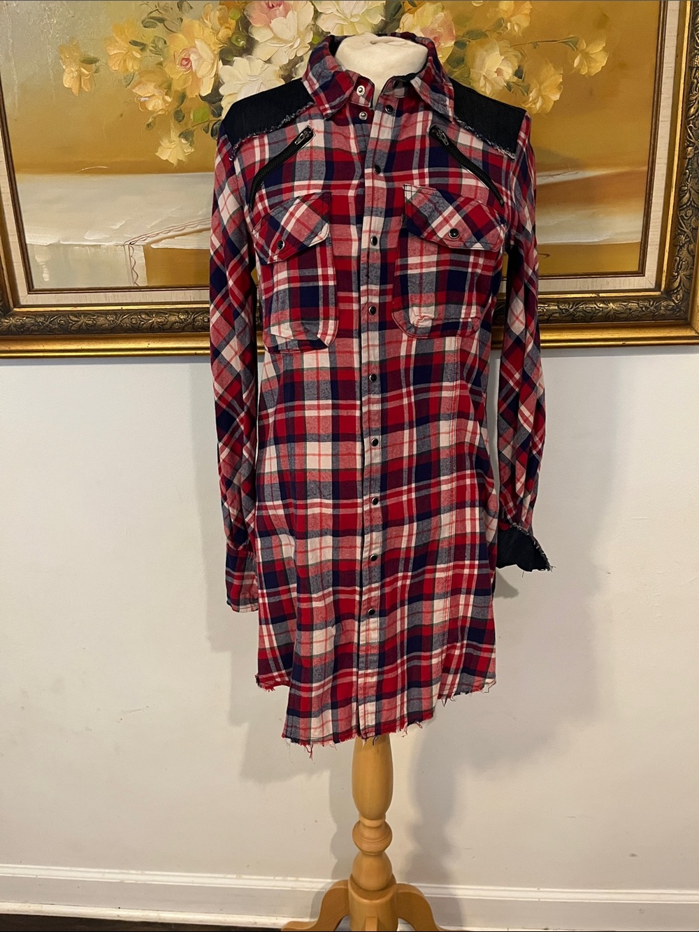 Renee C. Red Navy Plaid Button-Front Mini Shirt Dress
